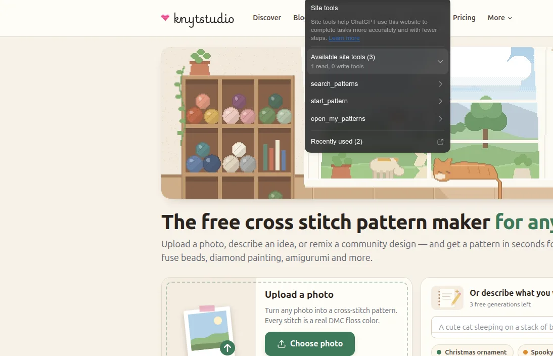 Knytstudio open in ChatGPT's built-in browser, with the site tools menu listing search_patterns, start_pattern and open_my_patterns