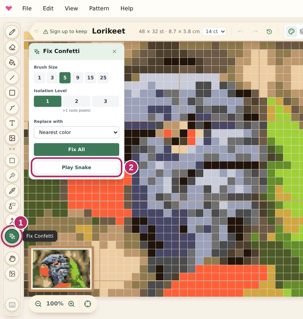 The editor on a computer: the Fix Confetti tool in the left tool bar is circled as step 1, and the Play Snake button under Fix All in the Fix Confetti panel is circled as step 2