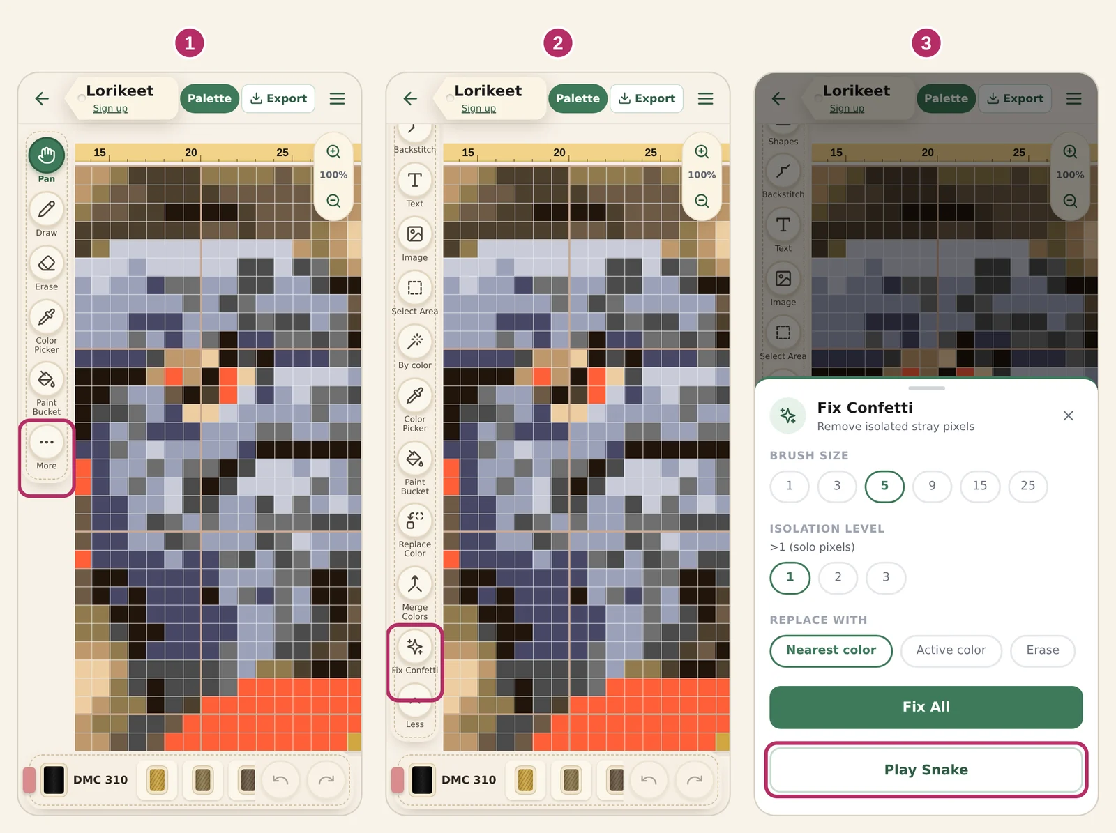 The editor on a phone in three steps: More circled at the bottom of the tool roll, Fix Confetti circled in the opened roll, and Play Snake circled at the bottom of the Fix Confetti sheet