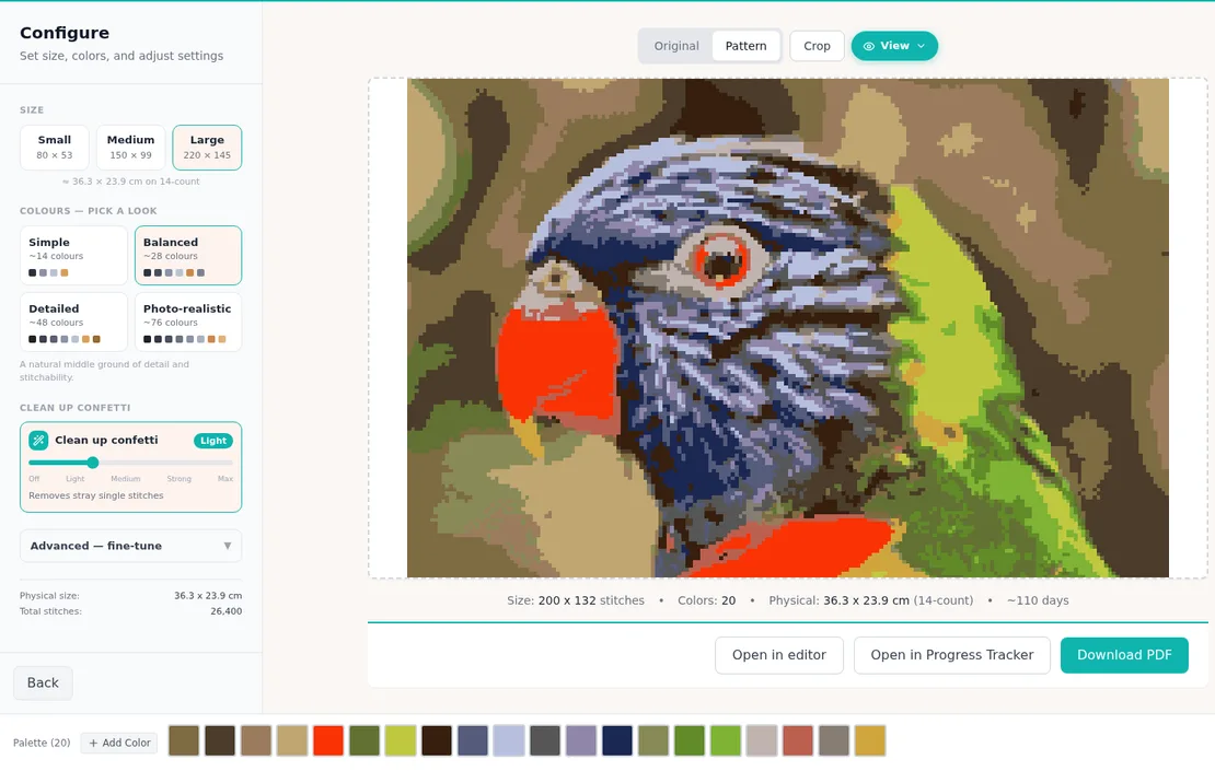 Import settings with size presets, four color looks, confetti cleanup, and a live pattern preview of a lorikeet photo