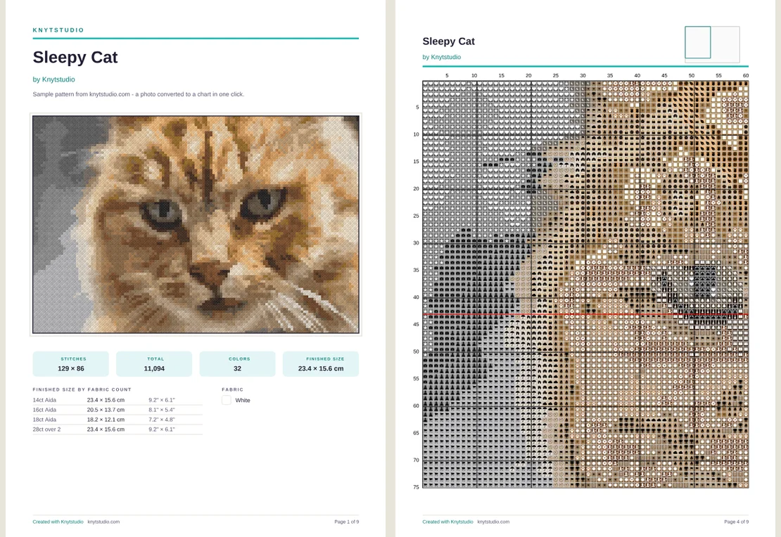 Two pages of the exported PDF: the cover with a realistic stitched preview and the hybrid chart with symbols