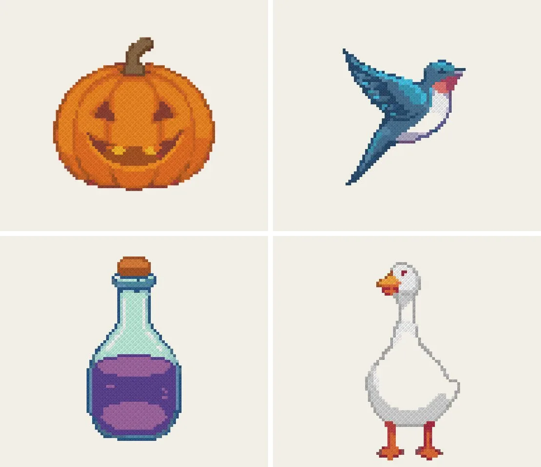 Four Design Spark patterns: a jack-o-lantern, a tattoo-style swallow, a potion bottle, and a goose