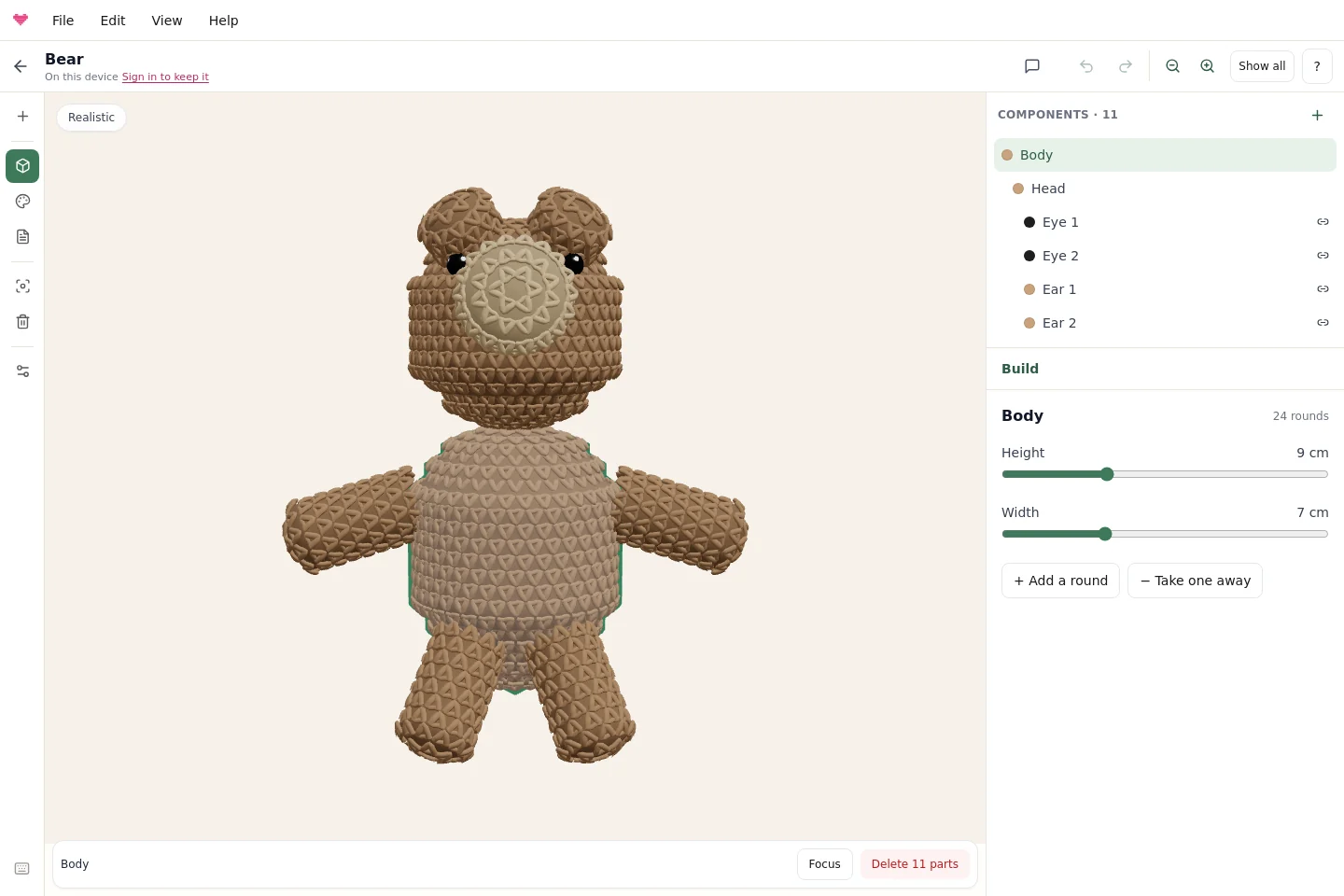 The amigurumi editor with a bear, a component list and body properties