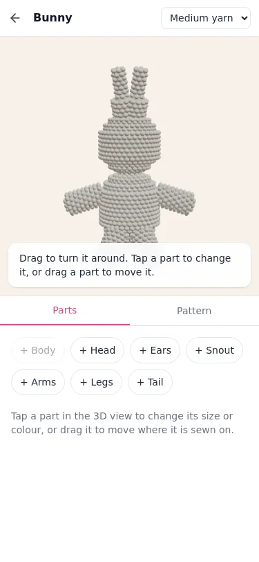 Die Hase-Vorlage auf einem Handy, mit der 3D-Ansicht über der Teile-Ablage