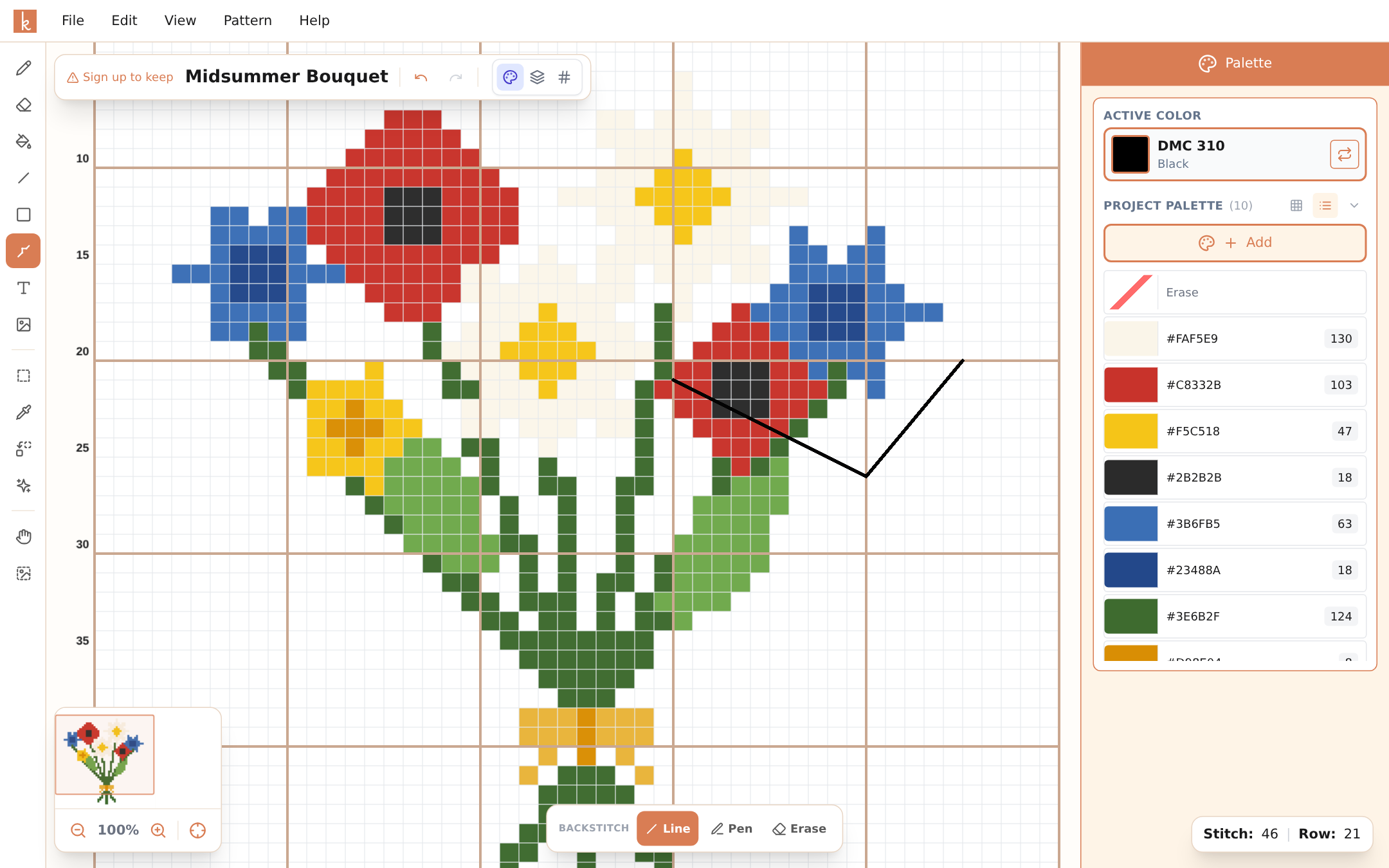 Backstitch lines drawn over a cross stitch pattern, with the line, pen, and erase modes in the options bar