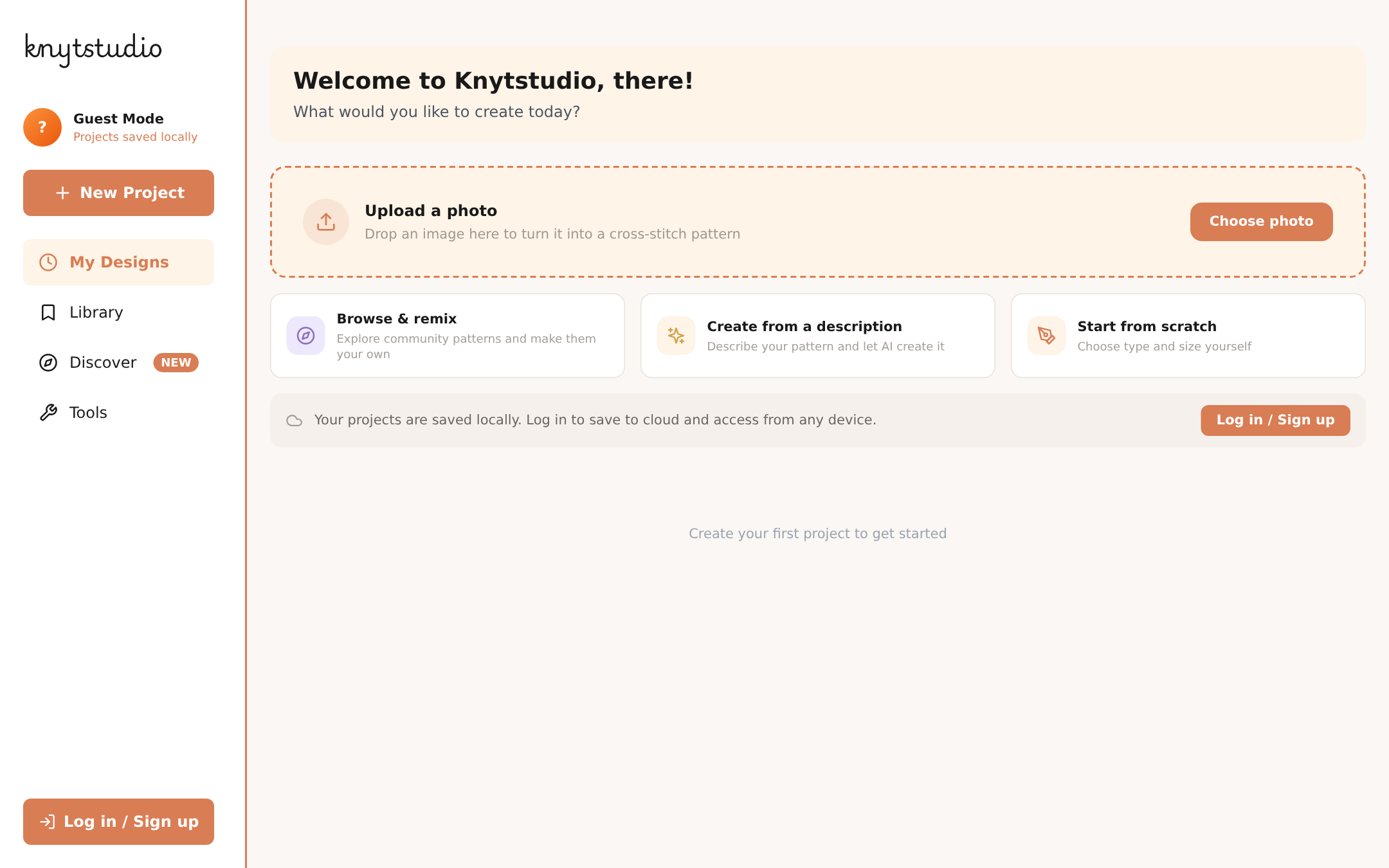 The Knytstudio dashboard with four ways to start a new pattern