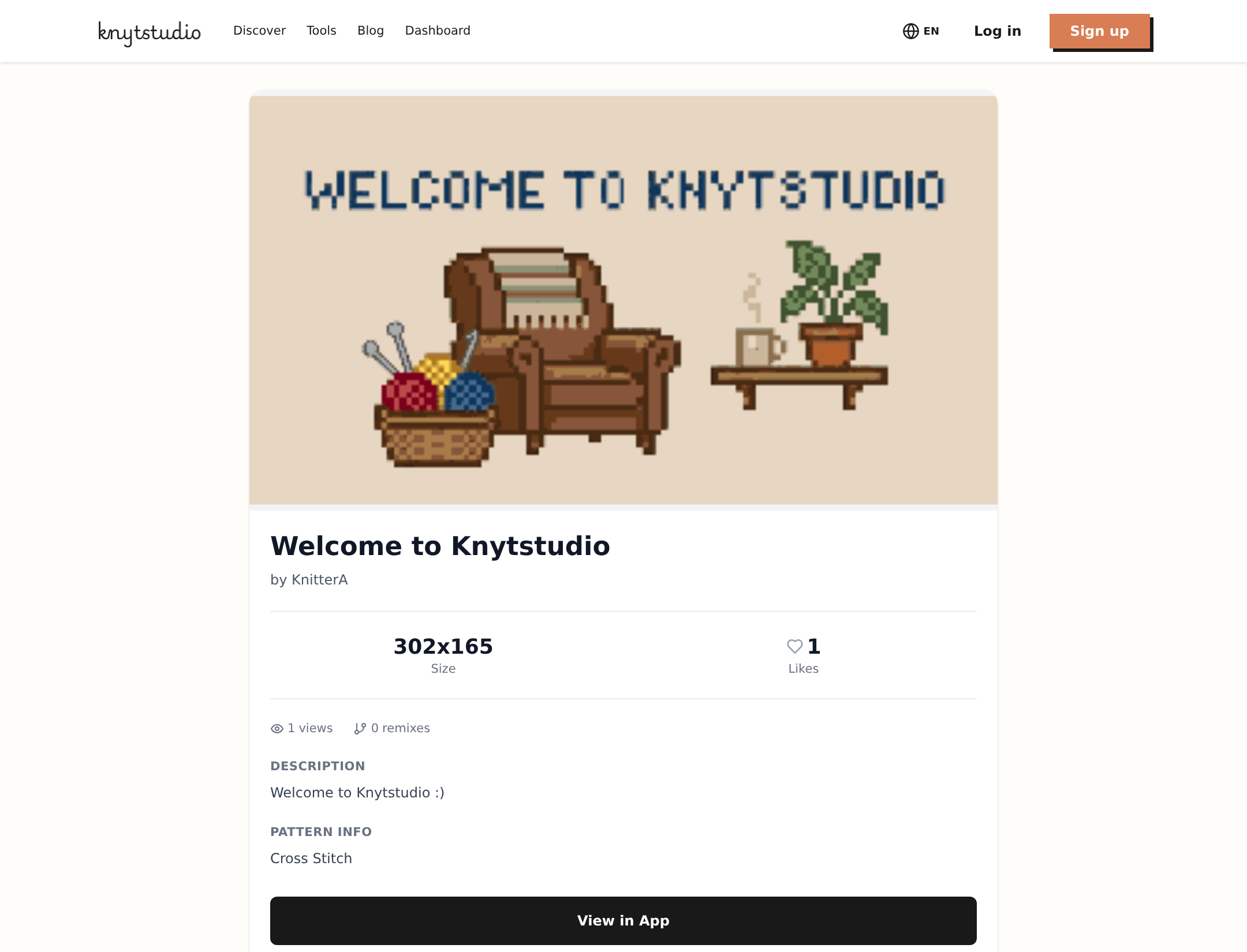 A published pattern page with preview, stats, and description