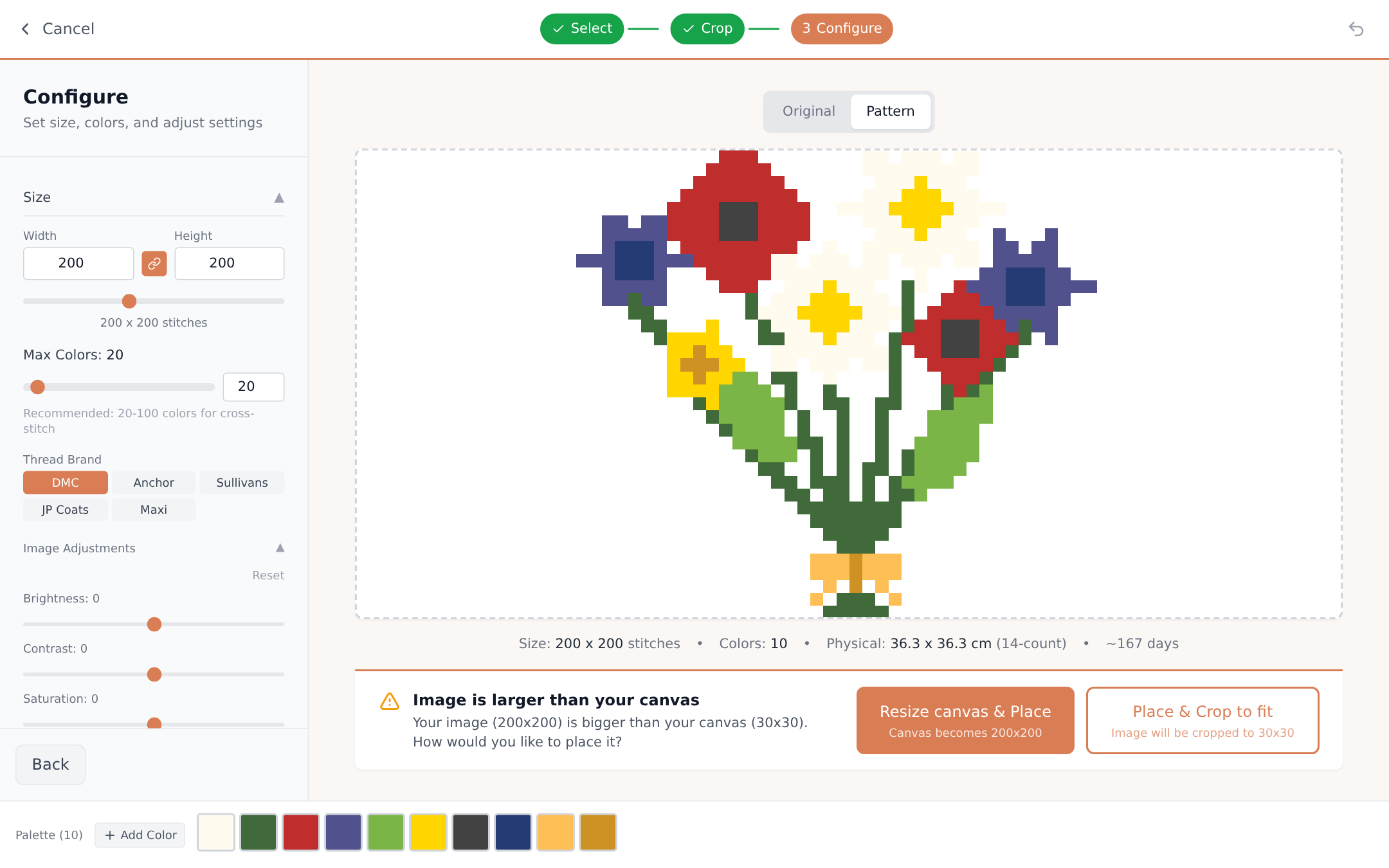 The photo import configure step with size, colors, thread brand, and fabric count options