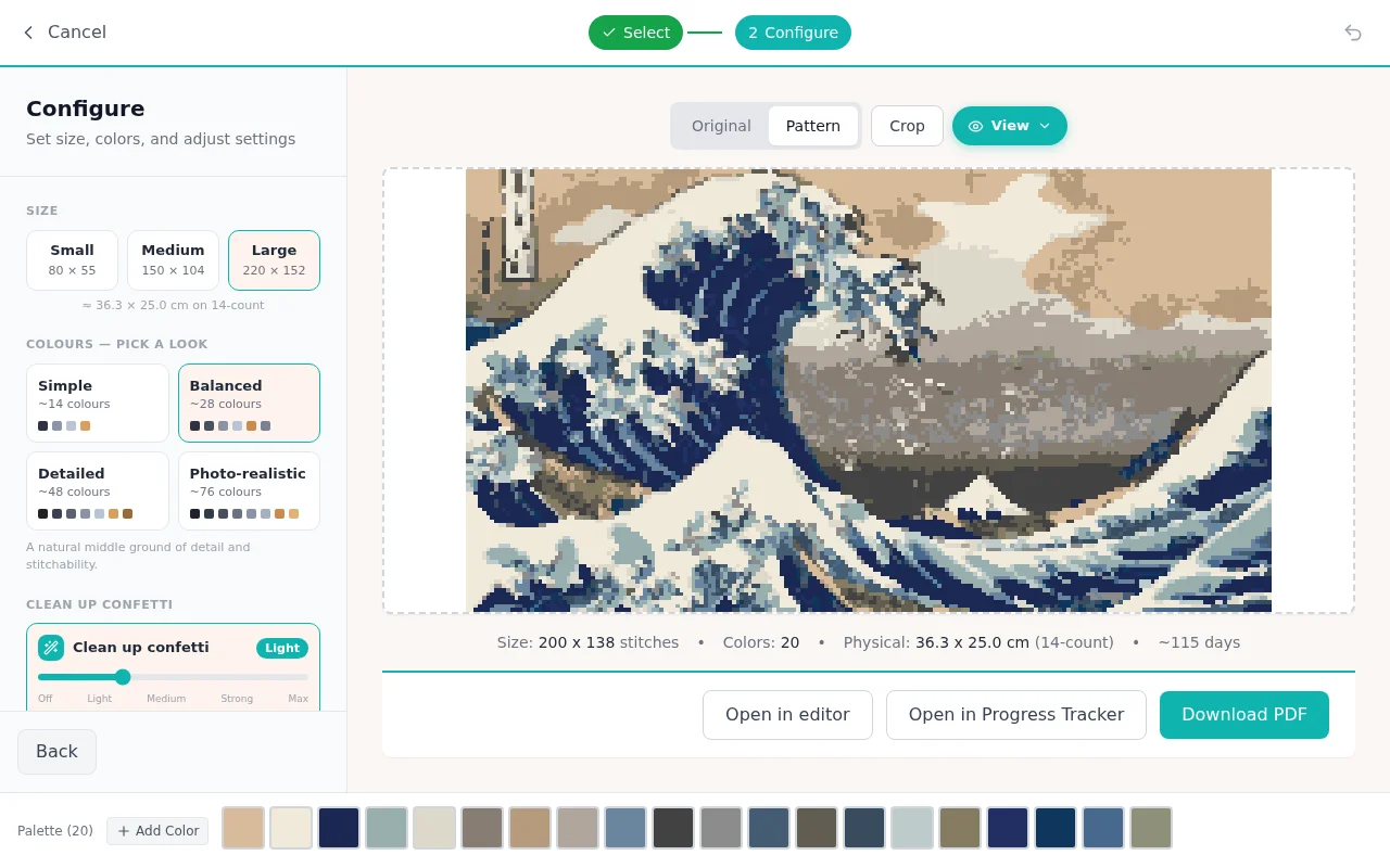 L'étape de configuration de l'import de photo avec les options de taille, de couleurs, de marque de fil et de compte de toile