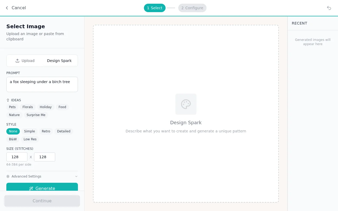 El panel de Design Spark con una descripción escrita, opciones de estilo y el tamaño en puntadas