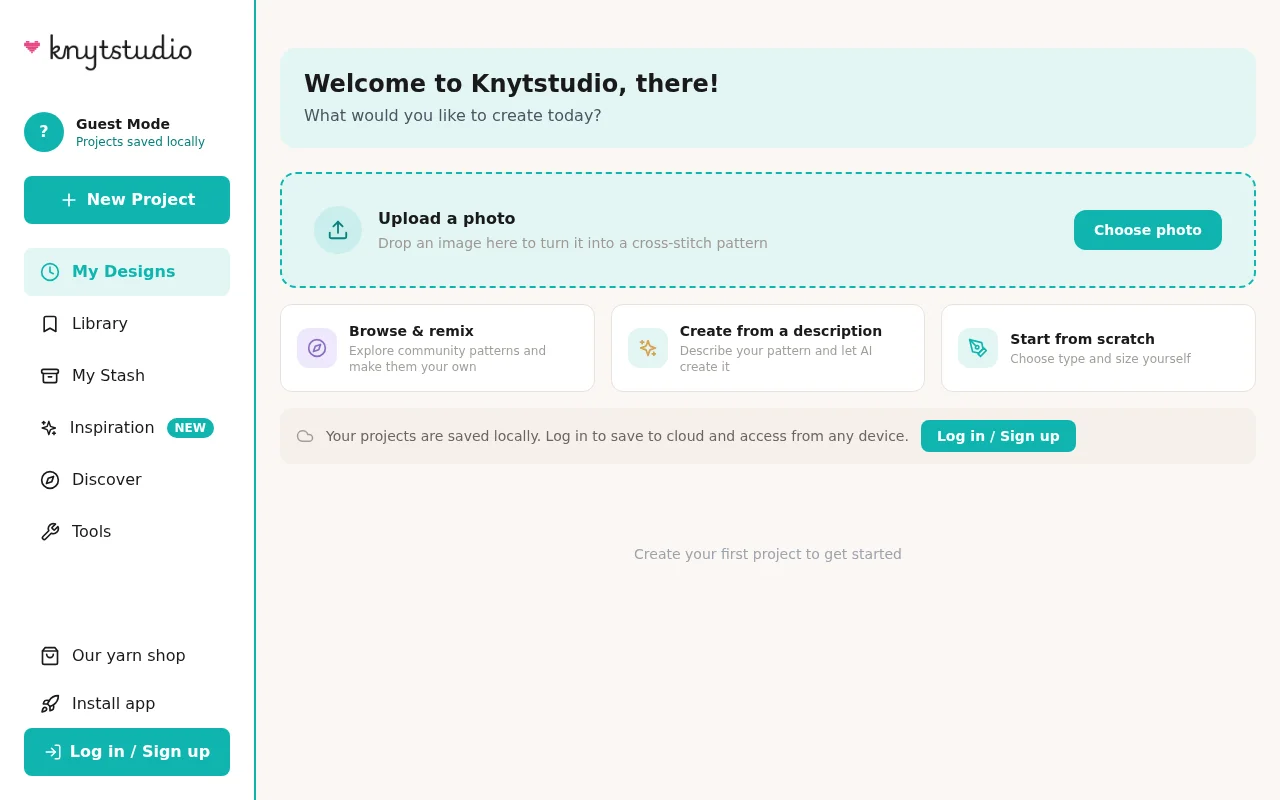 El panel de Knytstudio con cuatro formas de empezar un patrón nuevo